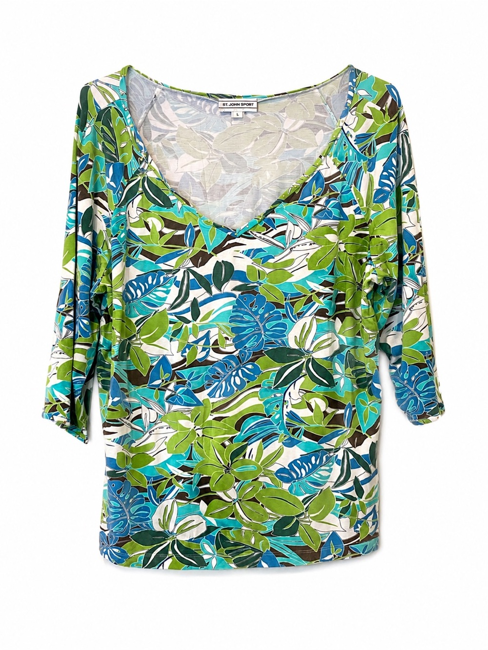 St. John Sport Tropical Print Studded V-Neck Top Green Blue L